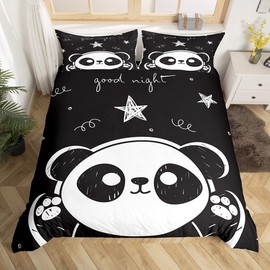 Homewish Panda Bedding Set 3pcs for Kids Boys Girls White Black Comforter Cover Cute Cartoon Pandas Stars Printed Duvet Cover Set Animal Bedspread Cover with 2 Pillow Cases(No Comforter) Full Size