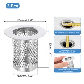 uxcell 3 Pack Shower Drain Strainer, 2" x 2" Stainless Steel Floor Drain Strainer Deep Sink Hair Catcher for Kitchen Bathroom Balcony Floor Drain, Fit Hole Size from 1.18" to 1.97"