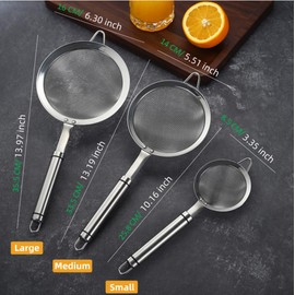 Adjaso 5.5inch 304 Stainless Steel Fine Mesh Strainer for Kitchen, Colander-Skimmer with Handle, Metal Sieves Sifters