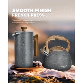POLIVIAR French Press Coffee Maker, 34 Ounce Coffee Press with Real Wood Handle, Double Wall Insulation & Dual-Filter Screen, Food Grade Stainless Steel for Good Coffee and Tea (Lava)