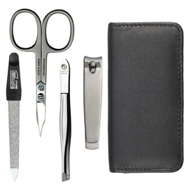 Sonnenschein by Hans Kniebes Manicure Set 4 Pieces Compact - Nail Scissors, Nail Clippers, Tweezers, Nail File - Nail Care Set Nappa Lambskin Leather Manicure Case (Black)