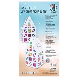 Ursus 21370001F Craft Set, Half-timbered Houses Approx. 7.7 x 15.5 x 7.7 cm, Set for Crafts of 24 Houses in White, Includes Transparent Paper in 10 Colours and Step by Step Instructions (English