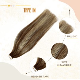 Tape in Hair Extensions Remy Human Hair Chestnut Brown Highlight Platinum Blonde Tape in Extensions for Women,50g/20pcs Balayage Brown Roots Tape in Remy 9A Brazilian Human Hair