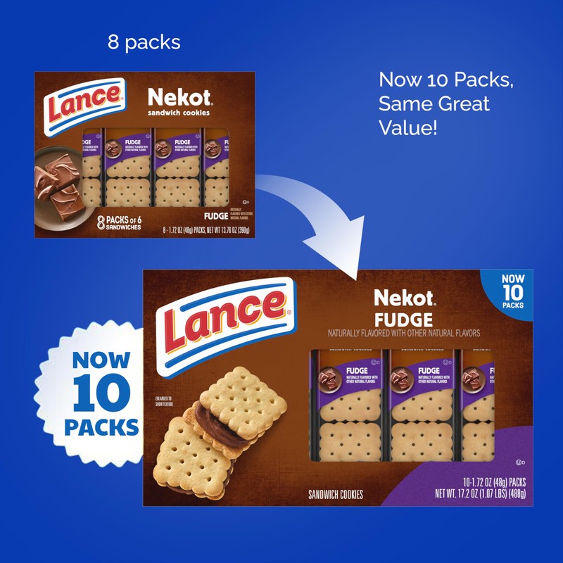Lance Sandwich Cookies, Nekot Fudge, 10 Individually Wrapped Packs, 6