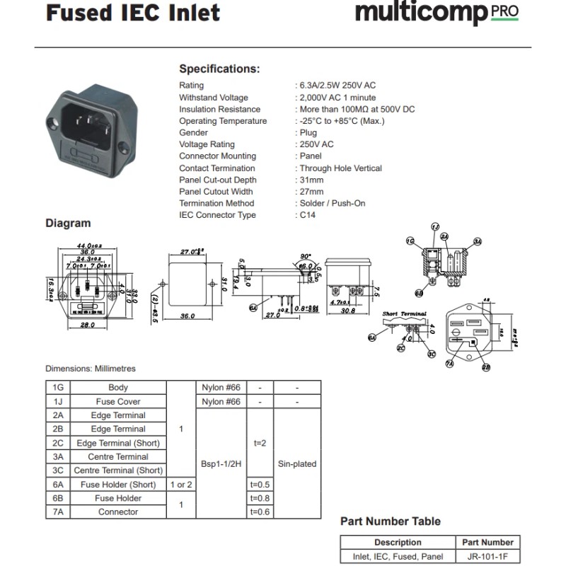 Multicomp IEC C14 AC Power Entry Jack Outlet Chassis Panel