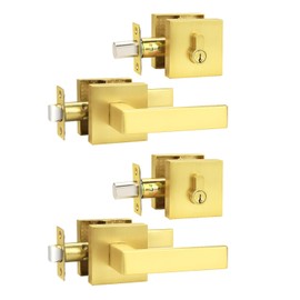 Brotima 2 Pack Gold Exterior Door Locksets Square, Heavy Duty Front Door Passage Handle and Single Cylinder Deadbolt Set Keyed Alike, Interior/Exterior Gold Door Handle for Bedroom, Brushed Brass