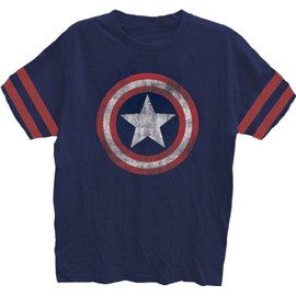 Captain America Distressed Shield Navy Striped Sleeves Mens T-shirt (Adult Small)