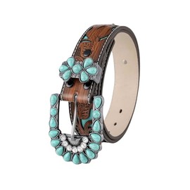 GORGLITTER Women's Turquoise Belt Leather Western Belts Embossed Waist Country Belts for Jeans Pants Brown suit waist size:29.5-33.5"