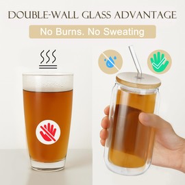 LIBWYS 16oz Double Wall Drinking Glass Cup with Bamboo Lid and Straw, 1 Pc Set – Condensation Resistant Insulated Glass Can Tumbler for Cold Drinks, Iced Coffee, Tea, Juice, Cleaning Brush