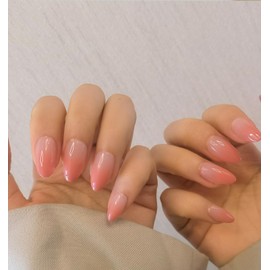 Qinvone Press on Nails for Women, 24pcs Almond False Nails, 12 Size Glossy Acrylic Full Cover Stick On Nails with Glue & Adhesive, Reusable Peach Color Artificial Nail