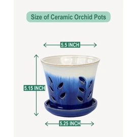 vensovo 5.5 Inch Ceramic Orchid Pot - Orchid Pot with Holes for Repotting, Ceramic Planter with Saucer for Indoor/Outdoor Plants, Blue