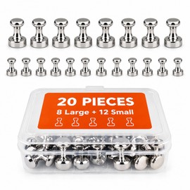 20 Pcs Multi-Size Magnetic Tacks for Whiteboard and Fridge, Heavy Duty Neodymium Push Pin Magnets Set (8 Large & 12 Small), No-Trace Map Pins for Office Classroom Décor