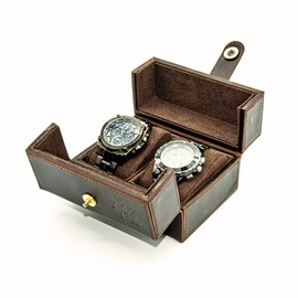 Nik Jo Dual-Opening Leather Watch Box with Detachable Cushions – Stylish Travel Watch Case for 2 Watches - Magnetic Snap Closure, Brown