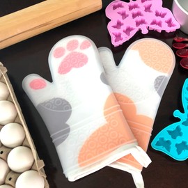 Silicone Oven Mitts Heat Resistant (One Pair) Cute Oven Mitts Pot Holders for Kitchen Oven Gloves Silicon Oven Mitts Pair Cat Oven Mitts for Baking