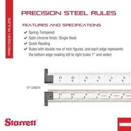 Starrett Spring Tempered Steel Rule with Satin Chrome Finish, Quick Reading, and Inch Graduation - 12" Length, 4R Graduation Type, 3/64" Thickness - CH604R-12