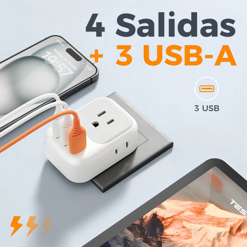 Adaptador Enchufe Europeo Tessn 4 Tomas 2 Pines y 3