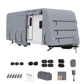 GarveeTech RV Travel Trailer Cover Fits 18-20 Ft, Waterproof/UV Resistant/Rip-Stop Camper Cover, 4 Layers Heavy Duty RV Cover with Gutter Covers, Jack Cover, Windproof Straps, Grey