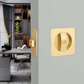 Pocket Door Hardware, Pocket Door Lock with Indicator Square Privacy Door Hardware for Bathroom Bedroom (Gold, No Key)