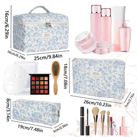 3PCS Toiletry Bag, Cotton Makeup Bag, Large Capacity Travel Cosmetic Toiletry Bag, Quilted Cosmetic Bag for Women Ladies Girls (A)