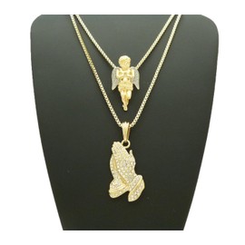 Sparkled Micro Praying Angel, Prayer Hands Pendant 24",30" Box Chain 2 Necklace Set Gold, Silver 2 Tone (Praying Angel + Prayer Hands Set)