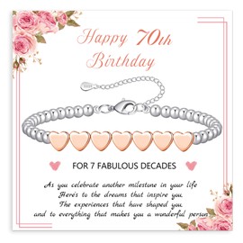BMMYE 70th Birthday Gifts for Women,Silver Bead Bracelet with Rose Gold Heart Adjustable Sterling Silver Bracelet Birthday Gifts with Cards for Mum Daughter Sister Grandma