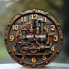 Lancholy Steampunk Train Clock Wall Decor Vintage Gear 10-Inch Wooden Wall Clock, Silent Movement, Battery Operated (AA Batteries Not Included), Artistic Home Decor, Perfect for Home Accents