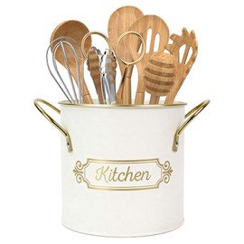 EQEY Kitchen Utensil Holder, 5.1" Metal Cooking Utensil Crock with with Removable Divider, Modern Farmhouse Kitchen Decor, Countertop Utensil Organizer for Spoons Cooking Tools