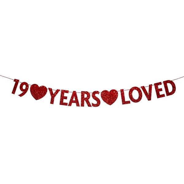 Red 19 Year Loved Banner, Red Glitter Happy 19th Birthday Party Decorations, Supplies