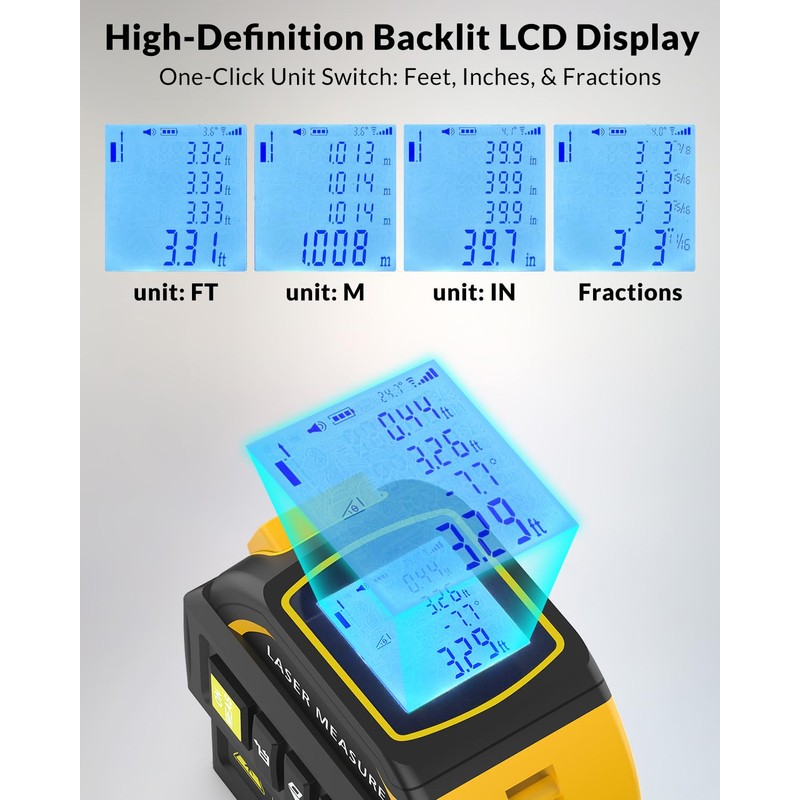 TEPU Laser Tape Measure 4-in-1, 197FT Laser Distance Meter with