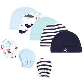 Hudson Baby Unisex Baby Cotton Cap and Scratch Mitten Set, Ocean Friends, 0-6 Months