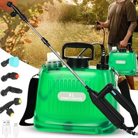 Battery Powered Sprayer 2 Gallon, Upgrade Powerful Electric Garden Sprayer with 4 Mist Nozzles, Adjustable Shoulder Strap, Rechargeable Handle and 32in Telescopic Wand for Lawn, Garden, Clean (Green)