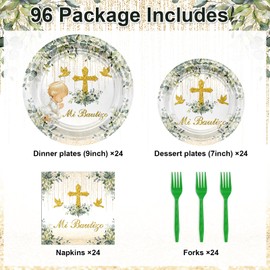 Avezano 96 PCS Baptism Decorations Greenery Mi Bautizo Plates Napkins Forks Tableware Neutral Christening Newborn Baby Shower Supplies, Serves 24