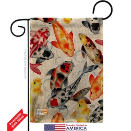 Koi Water Burlap Garden Flag Set with Stand Animals Sea Creature Nautical Ocean Fish Outdoor Summer Marine Small Decorative Gift Yard House Banner Double-Sided Made in USA 13 X 18.5
