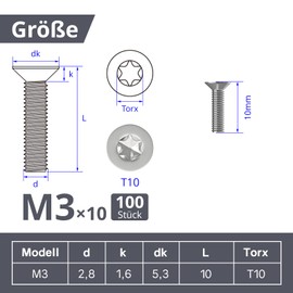 ORTAVA Countersunk Screws M3 x 10 mm, M3 Countersunk Screws Torx 304 Stainless Steel, Countersunk Head Screws with Hexalobular Socket/Torx (ISR/TX) According to ISO 14581 / DIN 965, for Machines,