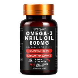 SDFQWG Antarctic Krill Oil 600mg – High-Potency Omega-3 Supplement with Astaxanthin 1200mcg, EPA & DHA | 50 Softgels for Heart & Cardiovascular Health