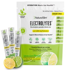 NaturalSlim Hydration & Energy Drink Mix with Prebiotics, Gut Health Support, Electrolytes Powder Packets, Sugar-Free Electrolytes, 16 Stick Packs, Lemon Lime Flavored