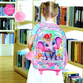 ZLYERT 3Pcs Rolling Backpack for Girls, Elephant Roller Bookbag with Lunch Box, Kids School Backpacks with Wheels for Elementary Preschool(Pink)