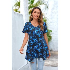 Enmain Tunic Tops for Women UK Casual Ladies Tunics Short Sleeve Longline Women Long Top to Wear for Leggings Summer V Neck Hanky Hem Black,XXL