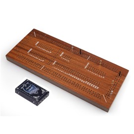 STERLING Games Triple Track Wooden Travel Cribbage for 3 Players, 13 Inch Board Game Set with Metal Pegs, Playing Cards and Carrying Bag