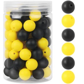 110 Pcs Silicone Focal Beads, EVERMARKET 15mm Silicone Beads for Keychain Making, Round Silicone Beads Bulk with Bottle, Rubber Loose Beads for Pens Crafts Necklace Bracelet Lanyard (Black Yellow)