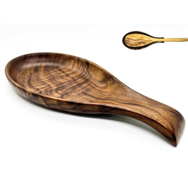 Walnut Spoon Rest for Kitchen, Cooking Spoon Rest, Wooden Spoon Rest, Smooth Wooden Spoon Holder for Stove, Perfect Holder for Spatulas, Spoons, Tongs and More (Walnut)