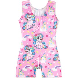 EQSJIU Leotards for Girls Pink Unicorn Rainbow Castle Gymnastics Leotards for Toddler Girls with Shorts 2-3t 2t 3t