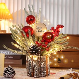 Small Christmas Tree, Artificial Christmas Tree with Lights Christmas Tree Decorations Christmas Decoration Winter Table Decorations Holiday Decor for Green Home Indoor Mantel, Red