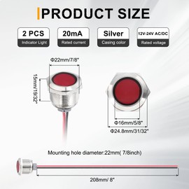 PATIKIL 2Pcs 22mm(7/8") Indicator Light,12V-24V AC/DC 20mA LED Metal Signal Lamp Waterproof IP67 Flat Head Signal Lights with 205mm(8") Cable for Boat Car,Red