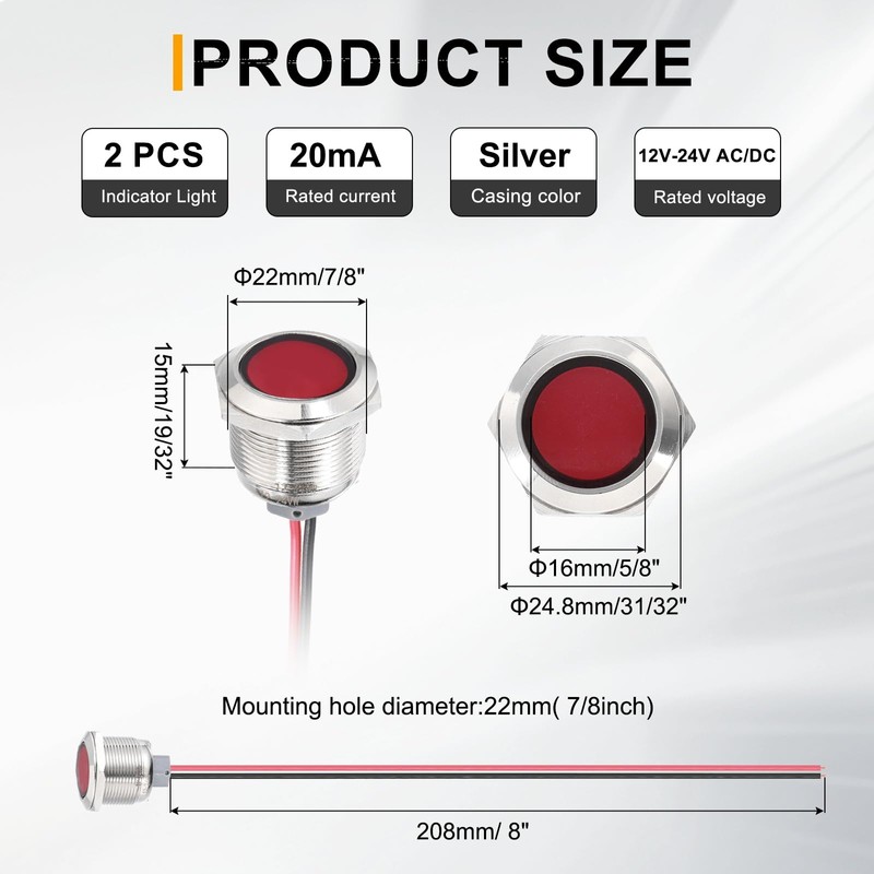 PATIKIL 2Pcs 22mm(7/8") Indicator Light,12V-24V AC/DC 20mA LED Metal Signal