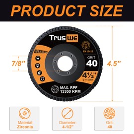 Truswe 12 Pack 40 Grit Flap Discs 4 1/2 for Angle Grinder, Zirconia Type 29 Bevel Discs, 7/8 Inch Arbor Sanding Discs, Angle Grinder Attachments for Metal & Wood Surface Preparation