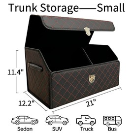 Wuatow Trunk Organizer for Car With Lid,Foldable Trunk Organizer for SUVs & Sedans,Multi-Functional Leather Storage Box- Black Red Grid - Small