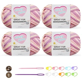 Chunky Crochet Yarn Kit for Beginners Thick Wool Cotton Amigurumi Yarn 4x50g Chunky Wool for Knitting, Ideal Easy Crochet Starter Kit for All Your Crochet Projects (4-mixpink)