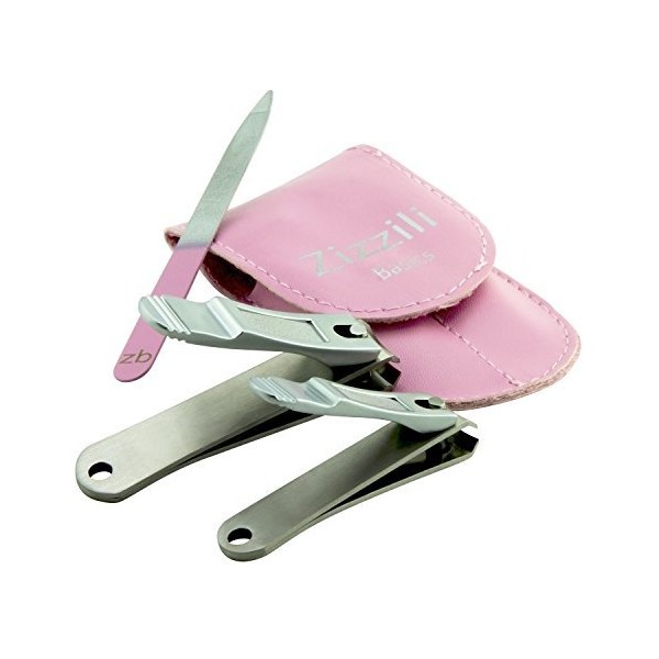 Nail Clippers by Zizzili Basics - 3 Piece Nail Clipper Set - Stainless Steel Fingernail & Toenail Clippers with Nail File & Bonus Pink Carry Case - Best Nail Care for Manicure, Pedicure, Home & Travel