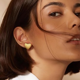 HESSAWELL Gold Heart Stud Earrings for Women Texured Heart Earrings for Women Trendy Jewelry